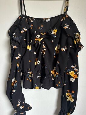 Floral Off-Shoulder Ruffle Blouse - Black with Yellow Floral